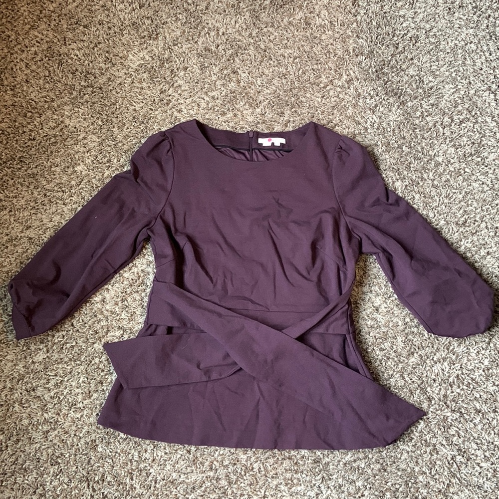 Boden mid-length sleeve top with wrap front and zip back.